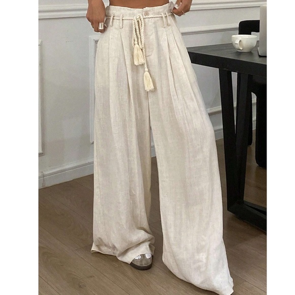 Classic Solid Wide Leg Linen Drawstring Waist Trouser Pants - Picture 3 of 9
